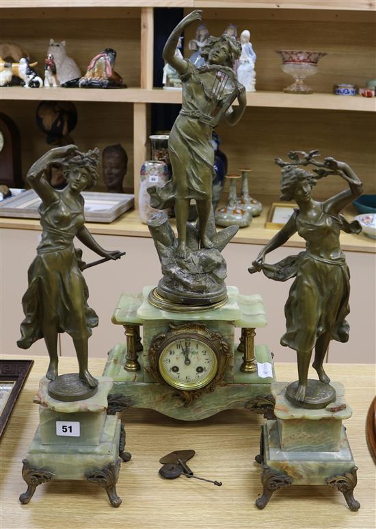 A French onyx and spelter clock garniture height 64cm